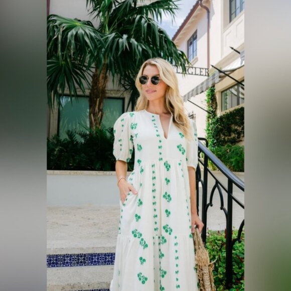 OLIPHANT Tuckernuck Wicklow Puff Sleeve Embroidered Print Maxi Midi Dress - Picture 3 of 10